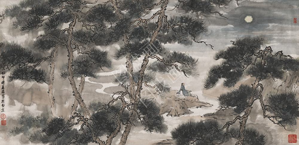 近现代 傅益瑶 老翁听松图 45x90cm